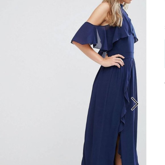 TFNC Size 6 Navy High Neck Maxi Dress with Frills - Picture 5 of 6
